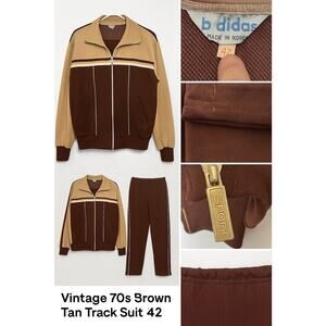 Vintage 70s Warm Up Tracksuit Brown Tan Zip Jacket Pants 42 bdidas Jogging *READ